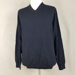 Davis & Squire Sweater Mens XL Navy Blue Extra Fine Merino Wool Pullover V Neck‎